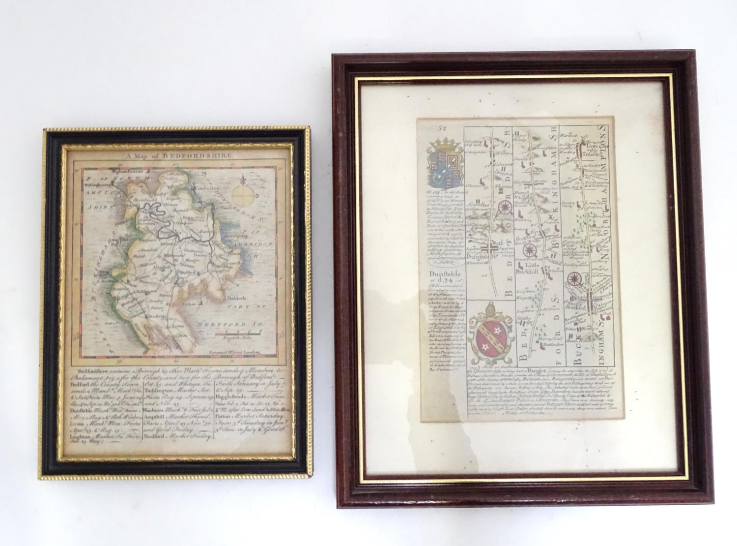 Maps: Two 18thC maps of Bedfordshire, comprising a hand coloured road strip map, published in John - Image 3 of 16