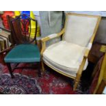 A Victorian carved mahogany dining chair. Together with a late 20thC French fauteuil style dining