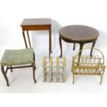 An assortment of furniture comprising wine rack, magazine rack, 2 occasional tables, and a stool (5)
