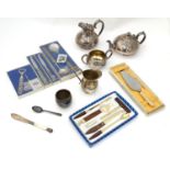 A quantity of assorted metalware to include silver plate tea set, a mother of pearl handled butter