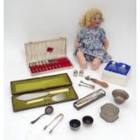 A quantity of assorted silver plate kitchenalia, together with a doll Please Note - we do not make