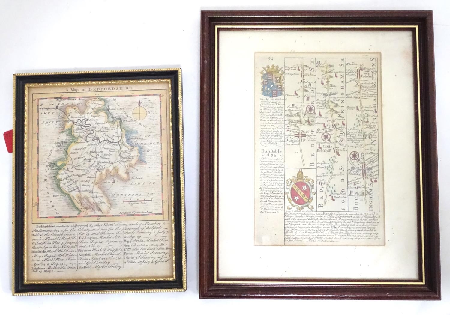 Maps: Two 18thC maps of Bedfordshire, comprising a hand coloured road strip map, published in John - Image 2 of 16