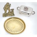 A silver plated butter dish and cover together with two brass items Please Note - we do not make