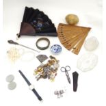 A box of assorted items to include costume jewellery, fans, dishes etc. Please Note - we do not make
