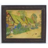 20thC, English School, Watercolour, A naive / folk art scene depicting a village with thatched