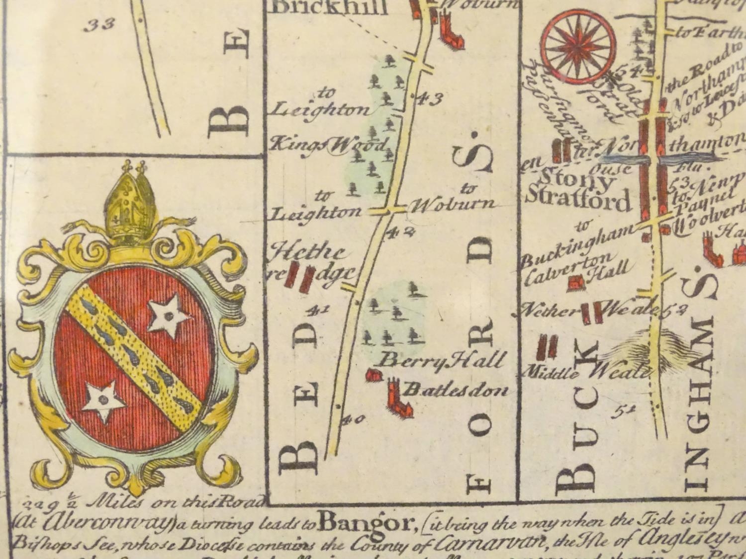 Maps: Two 18thC maps of Bedfordshire, comprising a hand coloured road strip map, published in John - Image 11 of 16