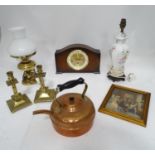 A box of assorted items to include ceramic lamp stand, brass candlesticks, 20thC mantle clock etc.