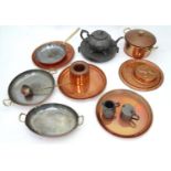 A quantity of assorted metal ware to include copper pans, a pewter warmer, teapot etc. Please Note -
