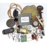 A quantity of assorted items to include a radiation iron, copper jug, cricket balls, alarm clock,