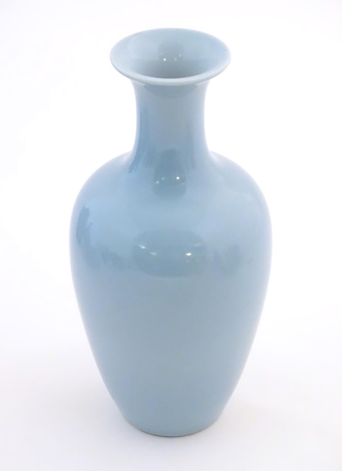 A Chinese celadon style vase of baluster form. Character marks under. Approx. 11" high Please Note - - Image 3 of 8