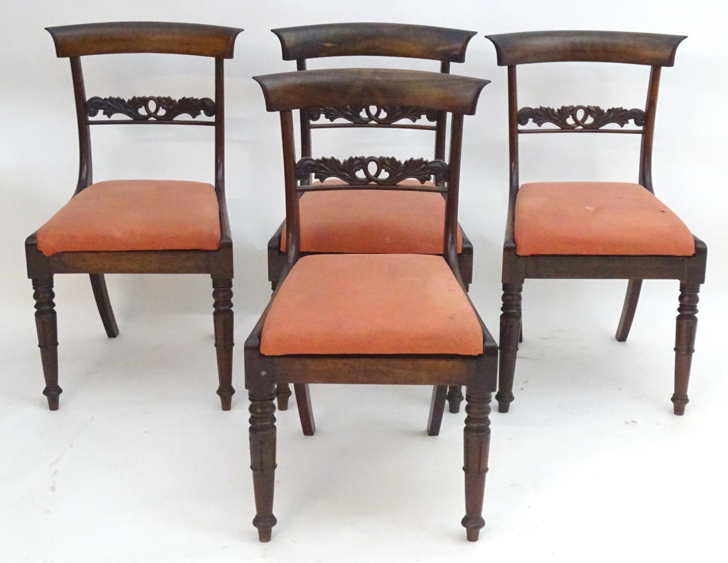 A set of four William IV rosewood dining chairs with shaped top rails, pierced mid rails, drop in - Image 12 of 14