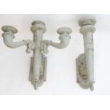 Two cast metal exterior light fittings, formed as torches with grey painted finish and provision for