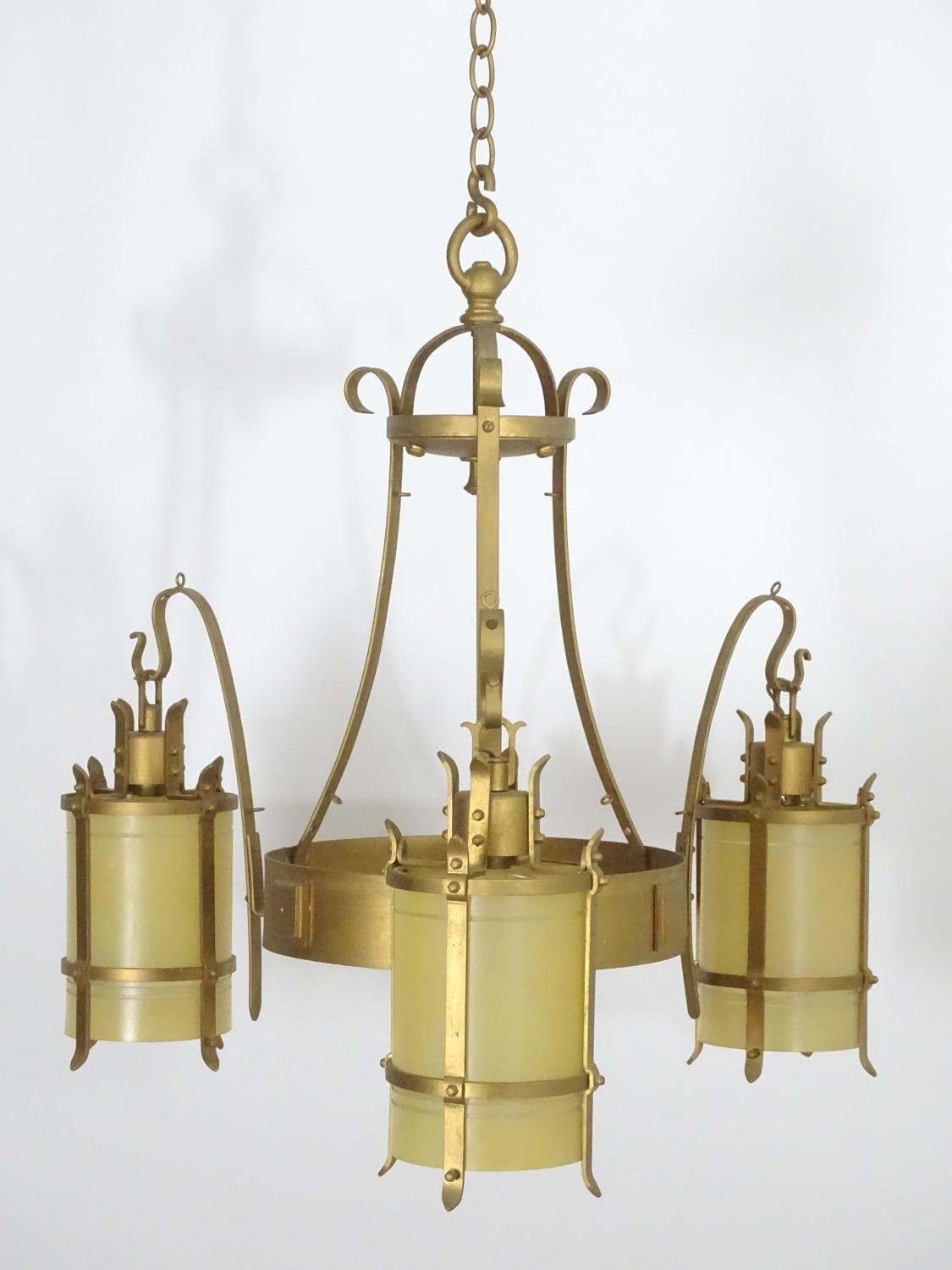 A 20thC Arts & Crafts style pendant gilt ceiling light, with three branches, approximately 24" - Image 3 of 26