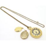 A 20thC Buler fob / pocket watch with chain and two gilt metal lockets (4) Please Note - we do not
