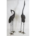 Bronze garden statuary / sculpture : Two large bronze ornamental garden statues modelled as crane