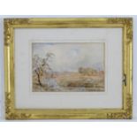 Initialled ED, Watercolour, A country landscape scene with a field of sheep and a figure on a bridge