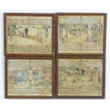 A set of four early 20th century English calendar lithographs depicting the twelve months of the