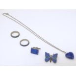 Assorted jewellery set with lapis lazuli and malachite etc. to include rings, brooch, pendant