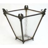 A 19thC pendant lantern shade, of tapering form with bronze mounts enclosing stippled glass