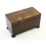 A 19thC rosewood tea caddy on squat bun feet, the interior with two lidded compartments and a