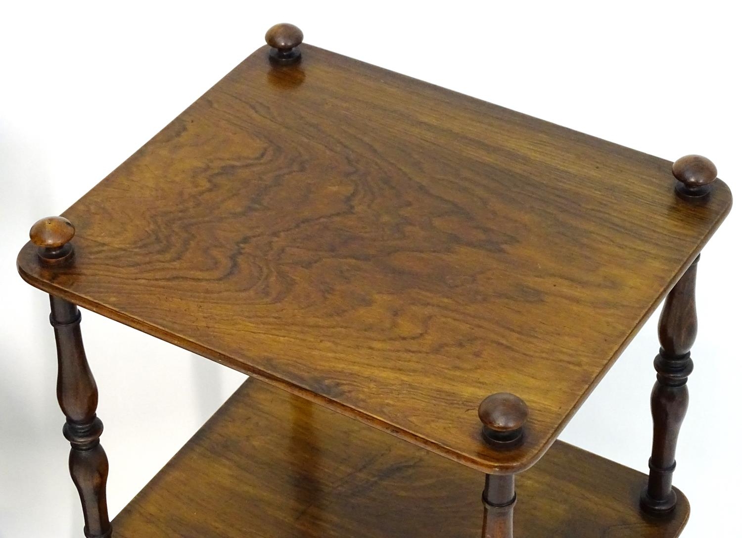 A pair of regency rosewood whatnots with turned finials to the tops and three tiers united by turned - Image 6 of 15