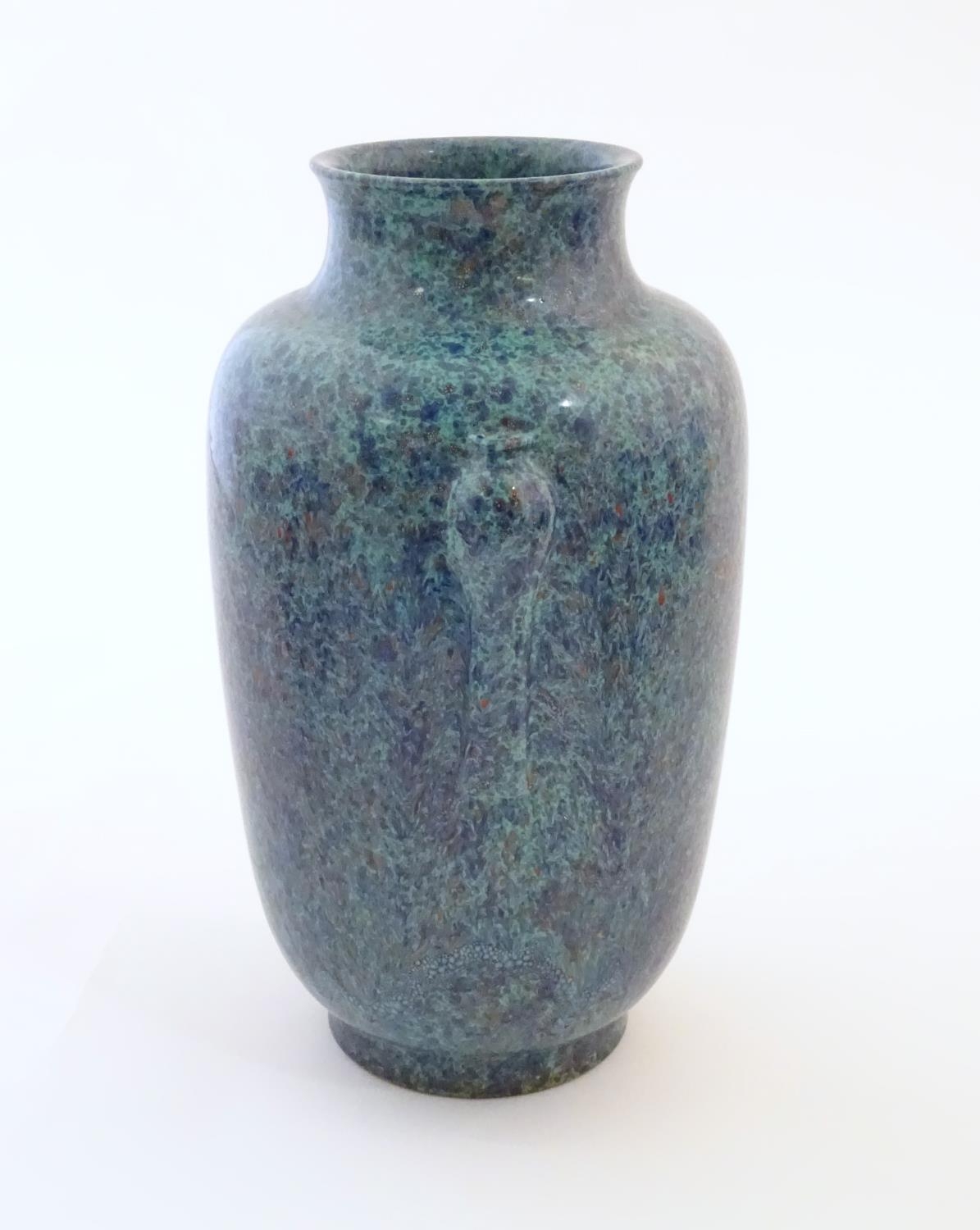 A Chinese vase with moulded twin handles and speckled detail. Impressed character marks under. - Image 7 of 18