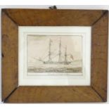 19th century, Marine School, Ink and wash, Frigate at Single Anchor, A ship at sea. Titled under.