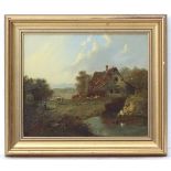 19th century, Oil on canvas, A farmhouse by a duck pond with a drover and sheep. Approx. 9 1/2" x 11