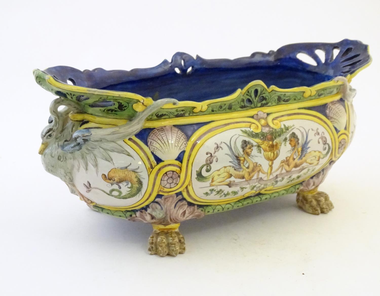 An Italian faience planter of oblong form on claw feet with panelled grotesque decoration - Image 8 of 13