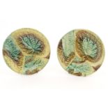 Two majolica Begonia leaf plates of circular form. Approx. 8 1/4" diameter (2) Please Note - we