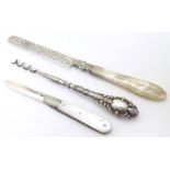 Three assorted items to include a mother of pearl handled folding fruit knife, hallmarked