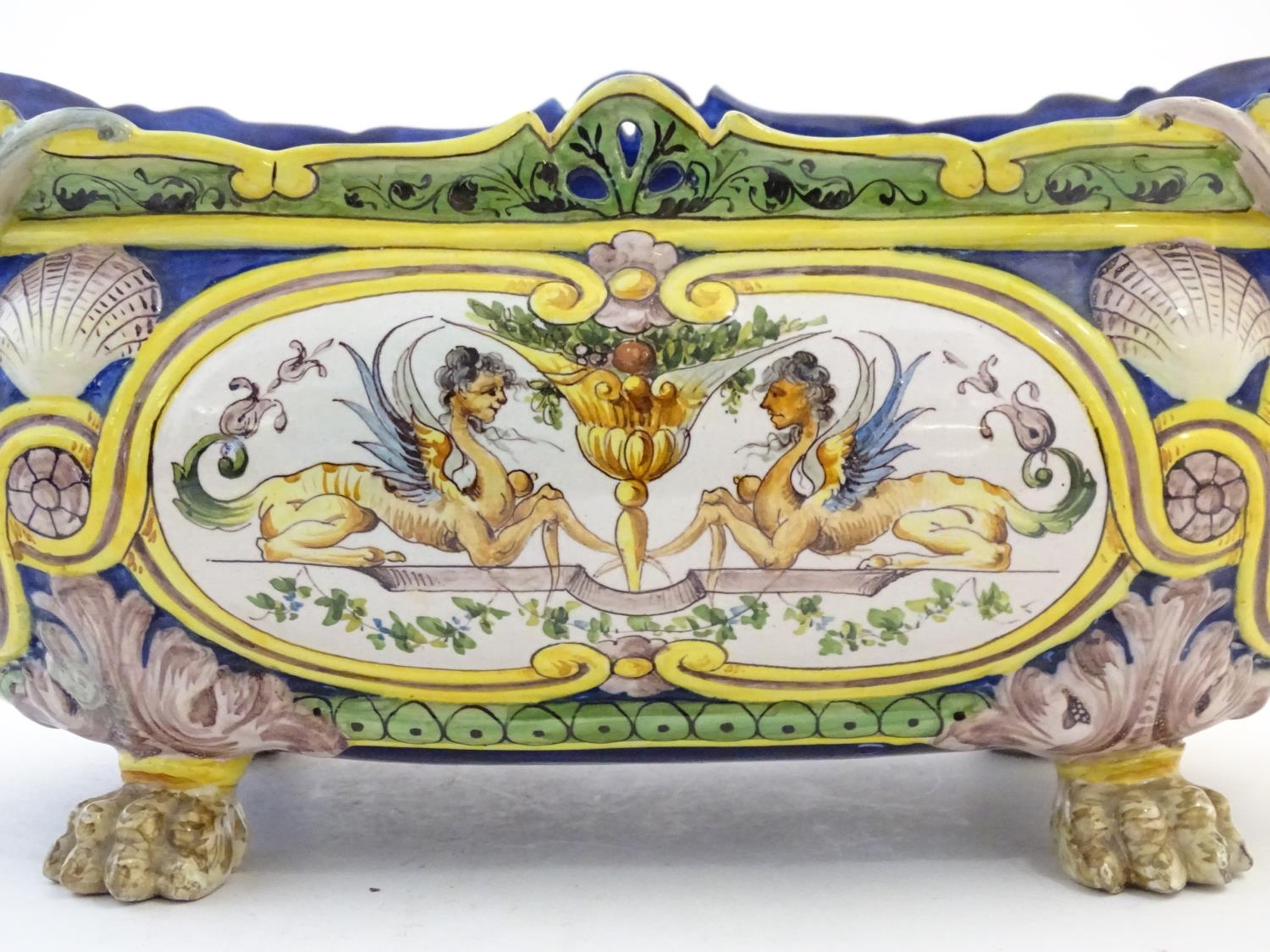 An Italian faience planter of oblong form on claw feet with panelled grotesque decoration - Image 11 of 13