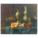 20th century, Continental School, Oil on board, A still life study with fruit and berries, a ewer,