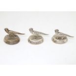 Three silver table place card / menu holders formed as pheasants. Hallmarked London 1930 maker