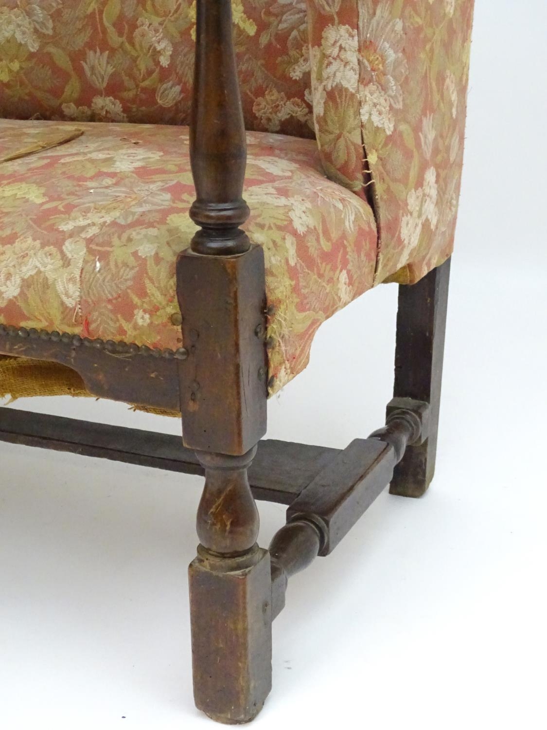 A mid 18thC wingback sofa with scrolled arms and an upholstered backrest and seat above a - Image 6 of 12