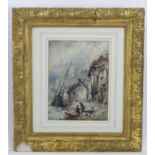 19th century, Watercolour, Fisherman by coastline buildings. Approx. 11 1/4" x 8 1/2" Please