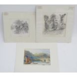 19th century, Two pencil drawings, A view of Hauenstein, Germany with a drover and cattle on a