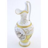 A Continental jug with hand painted decoration, the central vignette depicting musical instruments