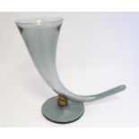 A large Scandinavian glass cornucopia / horn vase with circular foot. Approx. 18" high x 25" long