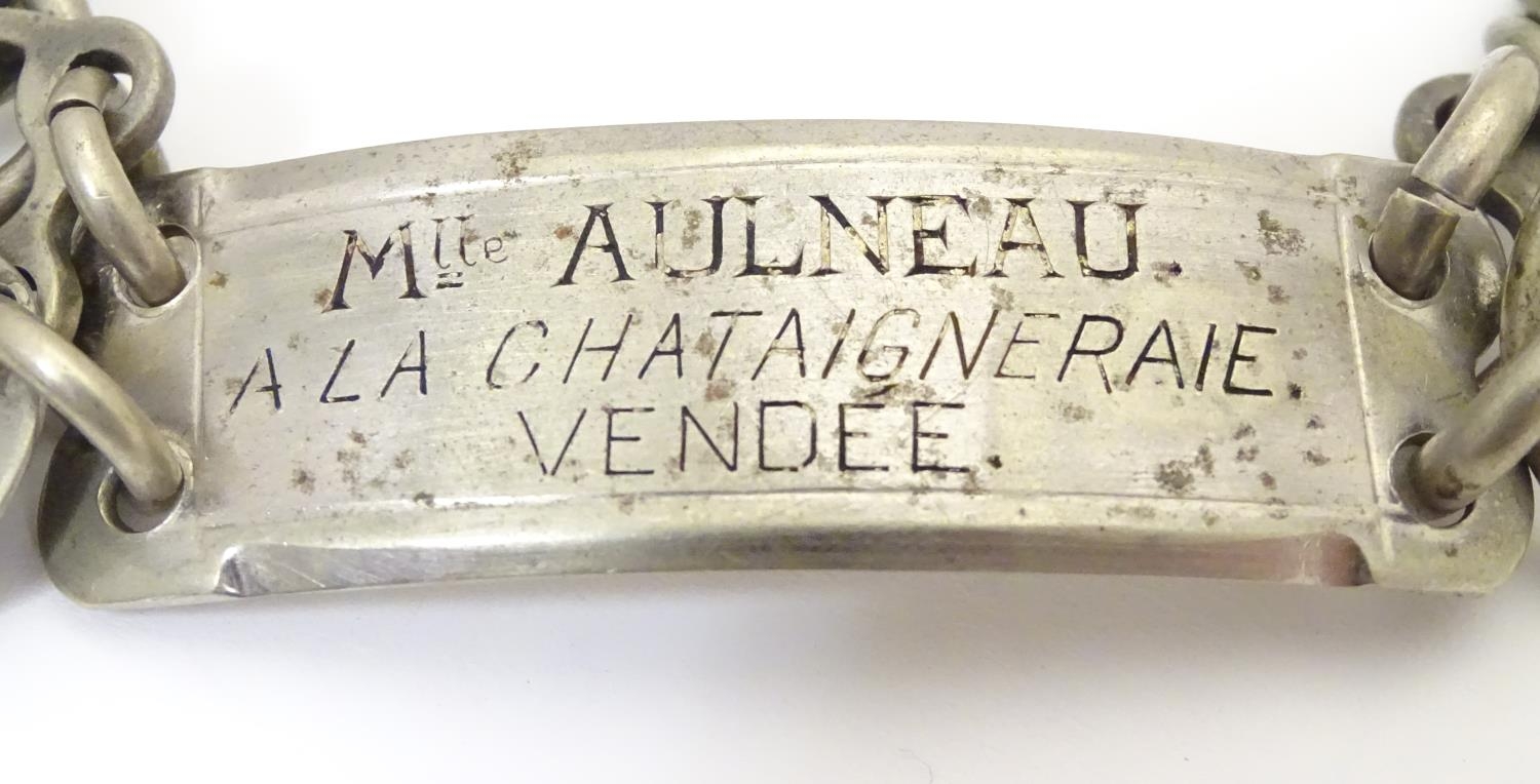 A French silver plate dog collar with chain links, adjustable clasp and engraved owner plaque. - Image 4 of 7