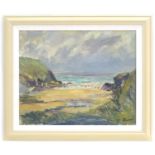 Audrey Dean, 20th century, Oil on board, Cornish Cove, A beach scene with figures. Signed lower
