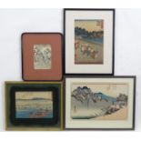 Four assorted Japanese prints comprising, two Tokaido prints, Sakanoshita Fudesute Mine and Shimada,