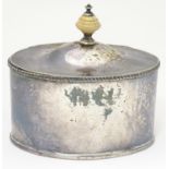 A 19thC silver plate caddy of oval form with hinged lid. Approx. 4 1/2" high Please Note - we do not