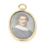 An early 20thC pendant portrait miniature depicting a gentleman wearing a ruff collar, within a