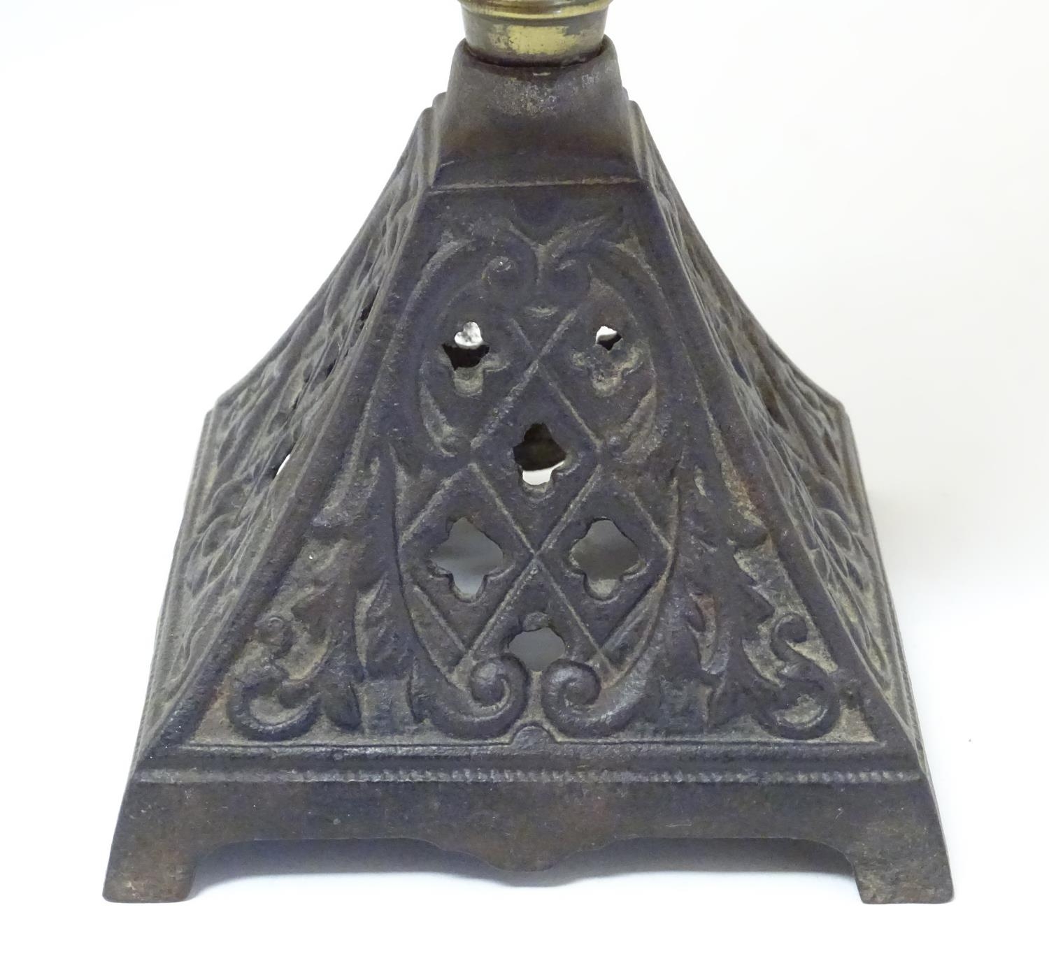 A late 19thC Duplex oil lamp, with bronzed glass shade and reservoir, standing on a cast iron base - Image 14 of 24