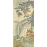 An Oriental watercolour scroll depicting a mountainous landscape scene with a waterfall, river,