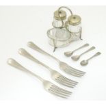 Militaria: an assortment of silver plated tableware comprising cruet set, three forks and two