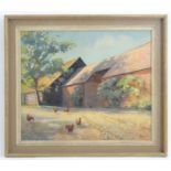 Roger Remington, 20th century, Oil on board, A Barn in Surrey, Chickens in a barnyard. Signed