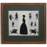 Ten silhouettes framed as one, comprising a portrait of a lady in profile, two soldiers fighting