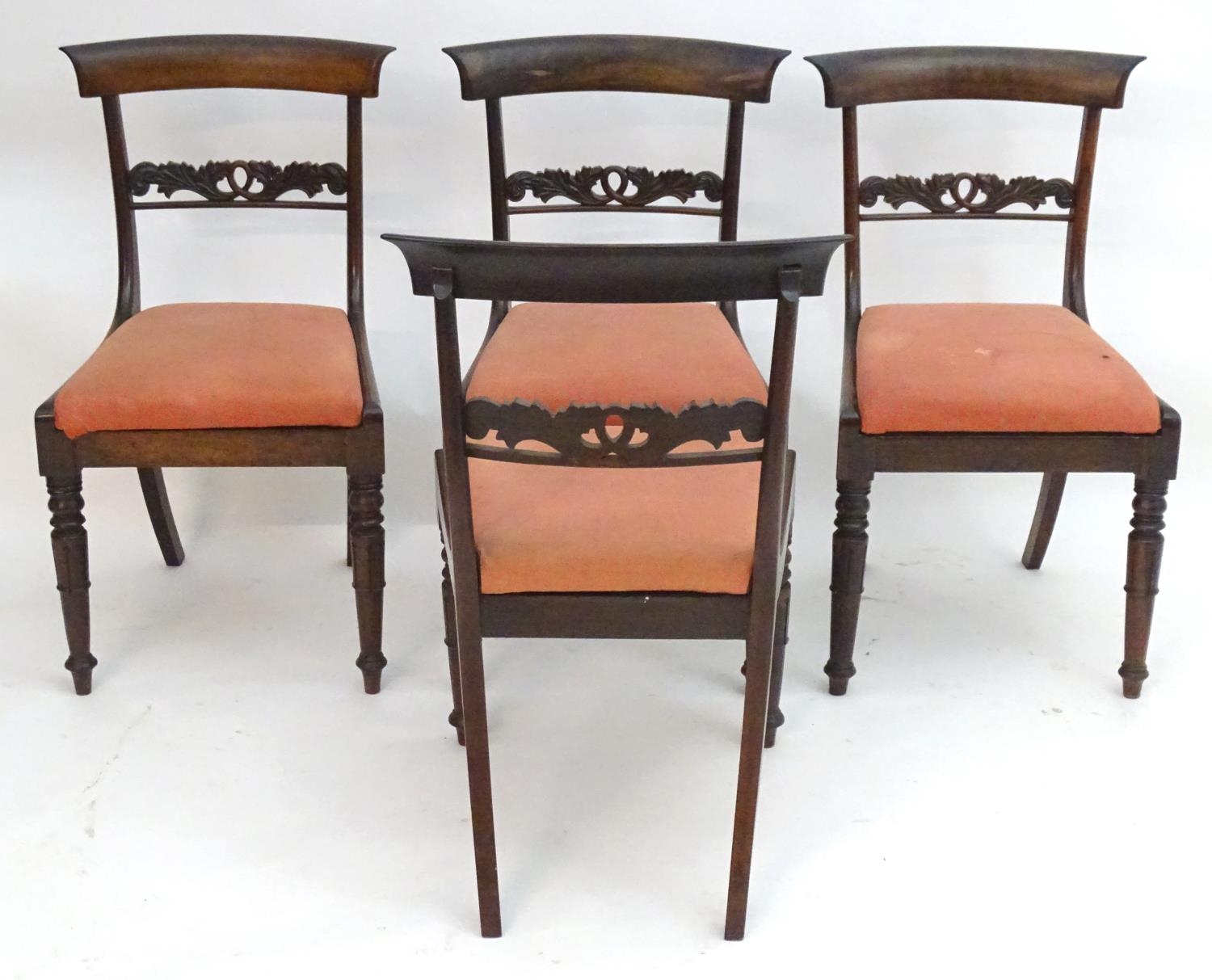 A set of four William IV rosewood dining chairs with shaped top rails, pierced mid rails, drop in - Image 8 of 14